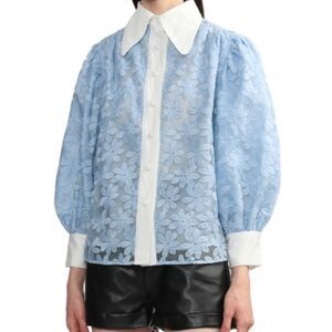 NWT Sister Jane Placid Blue Sky Lily Embroidered Floral Lace Blouse White Collar